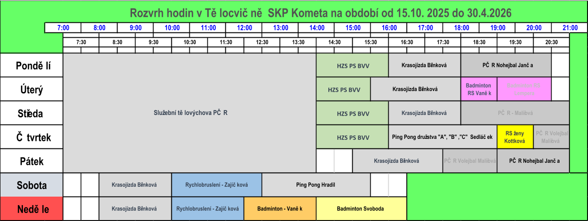 Krasojízda Břínková  Neděle Krasojízda Břínková Rychlobruslení - Zajíčková Badminton - Vaněk Badminton Svoboda PČR - Malířová Rychlobruslení - Zajíčková Sobota Krasojízda Břínková Ping Pong Hradil Čtvrtek HZS PS BVV Ping Pong družstva "A", "B" ,"C"  Sedláček RS ženy  Kottková PČR Volejbal  Malířová Pátek Krasojízda Břínková PČR Volejbal Malířová PČR Nohejbal Janča Badminton  RS Vaněk Badminton RS  Lempera Středa HZS PS BVV 19:30 20:30 Pondělí Služební tělovýchova PČR HZS PS BVV  Krasojízda Břínková   PČR Nohejbal Janča  Úterý HZS PS BVV  Krasojízda Břínková  13:30 14:30 12:30 15:30 16:30 17:30 18:30 7:30 8:30 9:30 10:30 11:30 18:00 19:00 20:00 15:00 16:00 17:00 Rozvrh hodin v Tělocvičně SKP Kometa na období od 15.10. 2025 do 30.4.2026 7:00 8:00 9:00 10:00 11:00 12:00 13:00 14:00 21:00