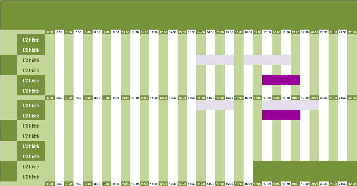 6:00 6:30 7:00 7:30 8:00 8:30 9:00 9:30 10:00 10:30 11:00 11:30 12:00 12:30 13:00 13:30 14:00 14:30 15:00 15:30 16:00 16:30 17:00 17:30 18:00 18:30 19:00 19:30 20:00 20:30 21:00 21:30 22:00 1/2 hřiště 1/2 hřiště 1/2 hřiště 1/2 hřiště 1/2 hřiště 1/2 hřiště 6:00 6:30 7:00 7:30 8:00 8:30 9:00 9:30 10:00 10:30 11:00 11:30 12:00 12:30 13:00 13:30 14:00 14:30 15:00 15:30 16:00 16:30 17:00 17:30 18:00 18:30 19:00 19:30 20:00 20:30 21:00 21:30 22:00 1/2 hřiště 1/2 hřiště 1/2 hřiště 1/2 hřiště 1/2 hřiště 1/2 hřiště 1/2 hřiště 1/2 hřiště 6:00 6:30 7:00 7:30 8:00 8:30 9:00 9:30 10:00 10:30 11:00 11:30 12:00 12:30 13:00 13:30 14:00 14:30 15:00 15:30 16:00 16:30 17:00 17:30 18:00 18:30 19:00 19:30 20:00 20:30 21:00 21:30 22:00