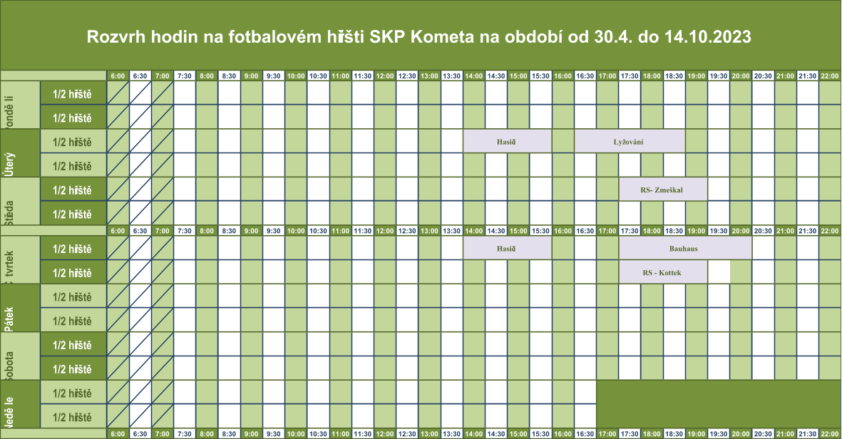 6:00 6:30 7:00 7:30 8:00 8:30 9:00 9:30 10:00 10:30 11:00 11:30 12:00 12:30 13:00 13:30 14:00 14:30 15:00 15:30 16:00 16:30 17:00 17:30 18:00 18:30 19:00 19:30 20:00 20:30 21:00 21:30 22:00 1/2 hřiště 1/2 hřiště 1/2 hřiště 1/2 hřiště 1/2 hřiště 1/2 hřiště 6:00 6:30 7:00 7:30 8:00 8:30 9:00 9:30 10:00 10:30 11:00 11:30 12:00 12:30 13:00 13:30 14:00 14:30 15:00 15:30 16:00 16:30 17:00 17:30 18:00 18:30 19:00 19:30 20:00 20:30 21:00 21:30 22:00 1/2 hřiště 1/2 hřiště 1/2 hřiště 1/2 hřiště 1/2 hřiště 1/2 hřiště 1/2 hřiště 1/2 hřiště 6:00 6:30 7:00 7:30 8:00 8:30 9:00 9:30 10:00 10:30 11:00 11:30 12:00 12:30 13:00 13:30 14:00 14:30 15:00 15:30 16:00 16:30 17:00 17:30 18:00 18:30 19:00 19:30 20:00 20:30 21:00 21:30 22:00 Pondělí Úterý Středa Čtvrtek Pátek Sobota Neděle RS- Zmeškal Lyžování RS - Kottek Rozvrh hodin na fotbalovém hřišti SKP Kometa na období od 30.4. do 14.10.2023 Bauhaus Hasiči Hasiči